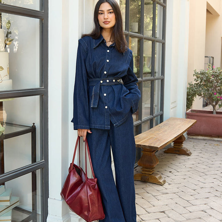 Damen Jeans-Set mit Gürtel und weitem Bein Drune