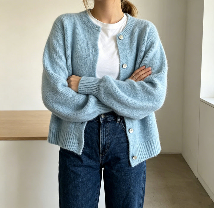 Damen Kuschelige Mohair-Optik Strickjacke mit Rundhals und Ballonärmeln Drune
