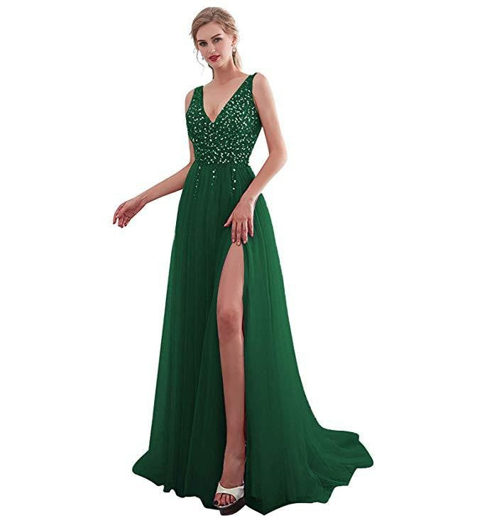 Damen Elegantes Maxikleid mit schimmerndem Oberteil und hohem Schlitz Drune