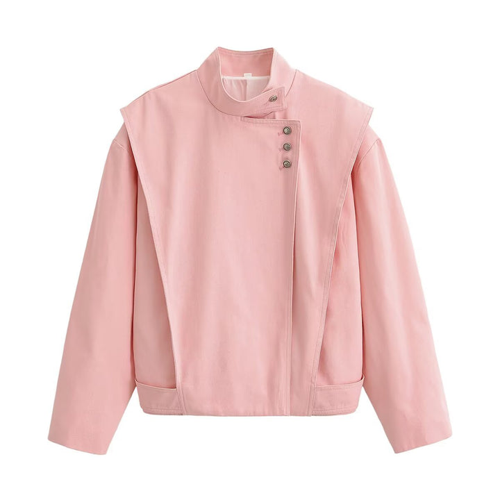 Damen asymmetrische Oversize-Jacke mit hohem Stehkragen und dekorativer Knopfleiste Drune