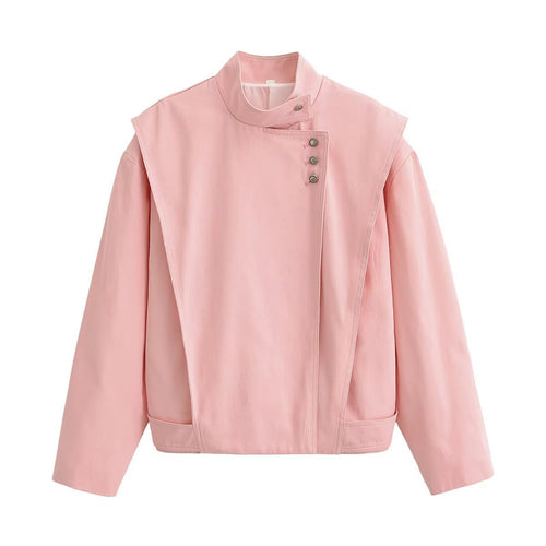 Damen asymmetrische Oversize-Jacke mit hohem Stehkragen und dekorativer Knopfleiste Drune
