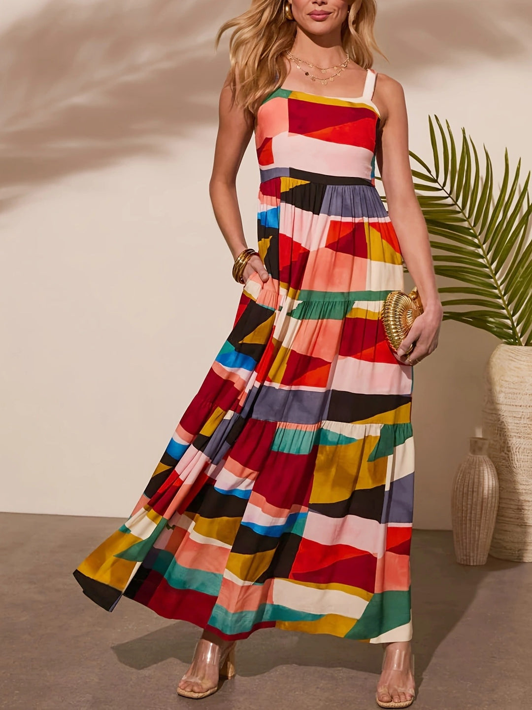 Damen Maxikleid mit buntem geometrischem Muster Drune
