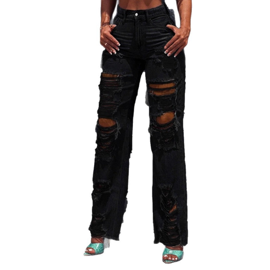 Damen hochtaillierte Destroyed-Jeans mit weitem Bein und großen Knie-Rissen Drune