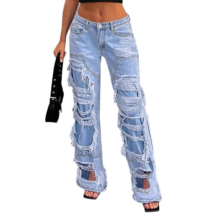 Damen hochgeschnittene stark zerstörte Denim-Jeans mit weitem Bein und dekorativen Nahtpaneelen Drune