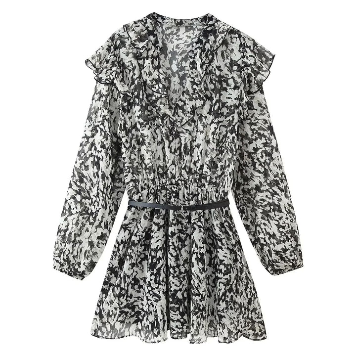 Damen nan geblümtes Volant-Chiffon-Minikleid mit Rüschen-V-Ausschnitt elastischer Taillenpartie und zartem Gürtel Drune