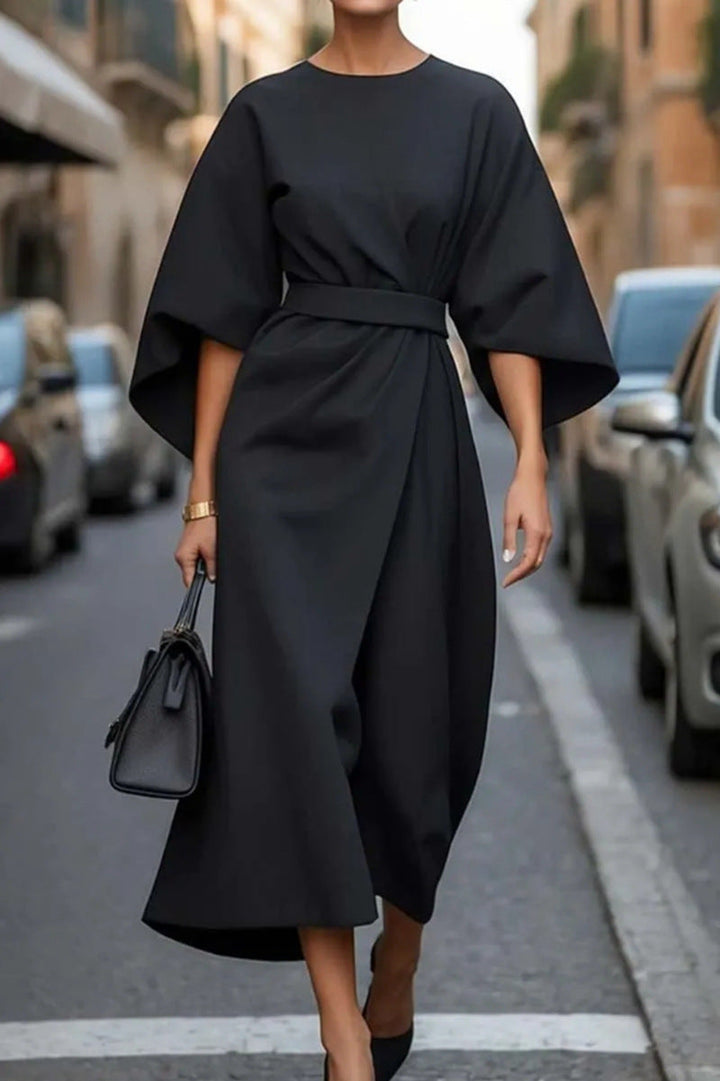 Damen fließendes Maxikleid mit eleganten Ärmeln und Taillengürtel Drune