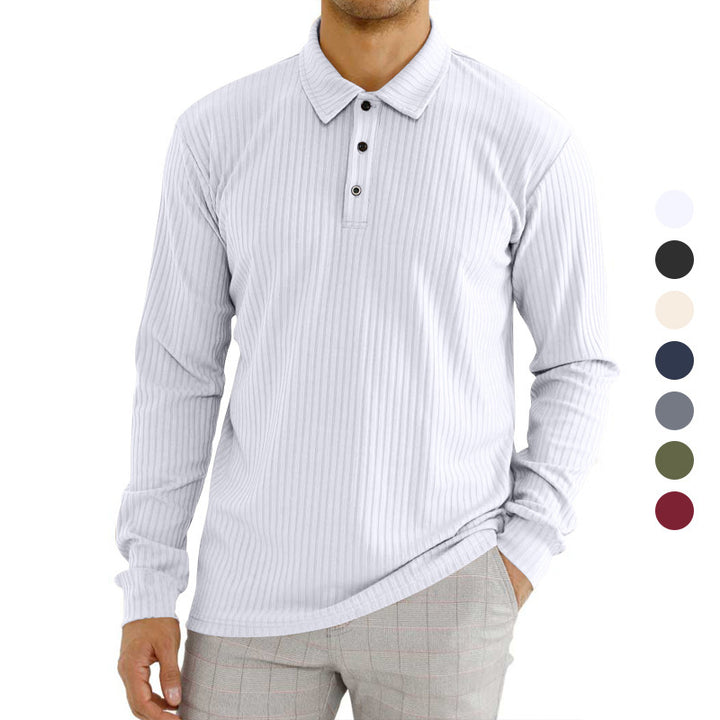 Herren nan geripptes Langarm-Poloshirt mit feiner Rippenstruktur, klassischem Kragen und elastischem Saum Drune