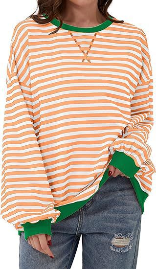 Damen Gestreifter Oversize Pullover mit Kontrastbündchen Drune
