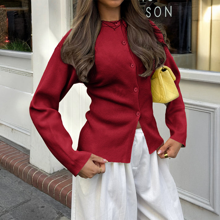 Damen nan taillierte Strickjacke mit asymmetrischer Knopfleiste und Rundhalsausschnitt Drune