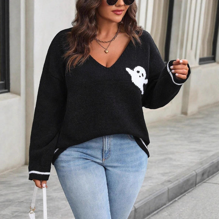 Damen Strickpullover mit Ghost-Motiv und V-Ausschnitt Drune