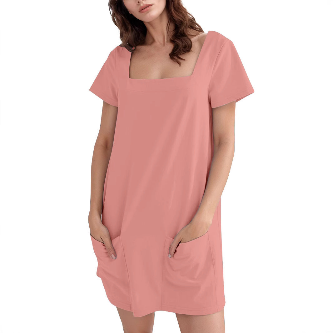 Damen Lockeres Sommerkleid mit Quadrat-Ausschnitt und praktischen Taschen Drune