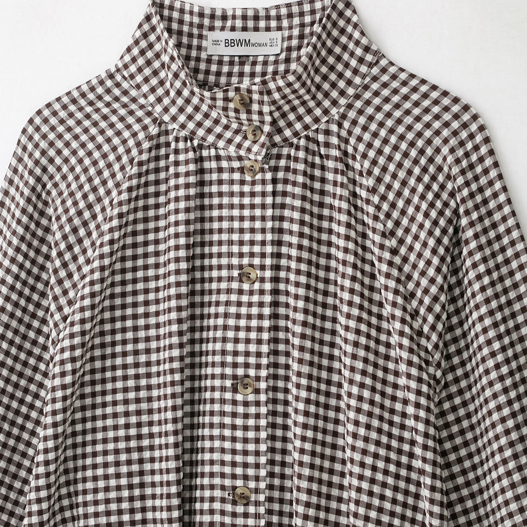 Damen Karo-Bluse mit Stehkragen, Knopfleiste und Tunnelzug-Saum Drune