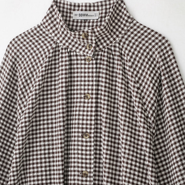 Damen Karo-Bluse mit Stehkragen, Knopfleiste und Tunnelzug-Saum Drune