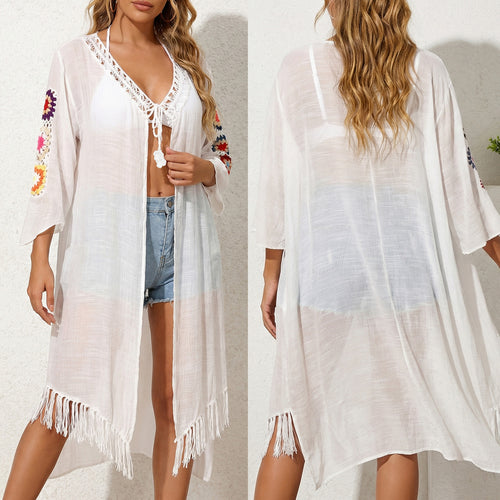 Damen luftiger und eleganter Strandkimono mit floralen Häkelakzenten Drune