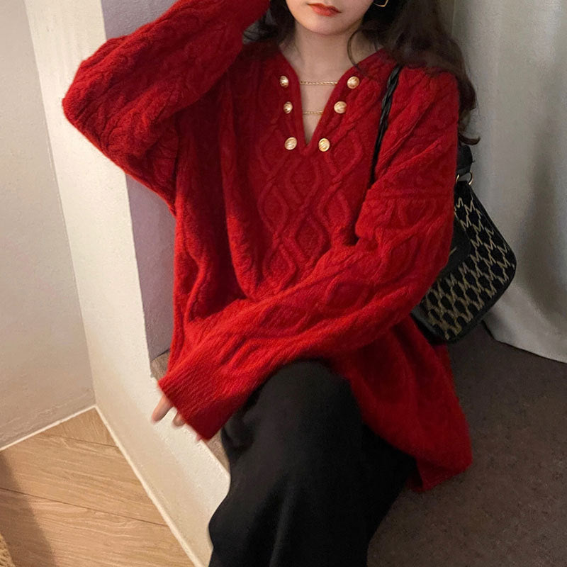 Damen Grobstrickpullover mit Knopfdetails und Zopfmuster Drune