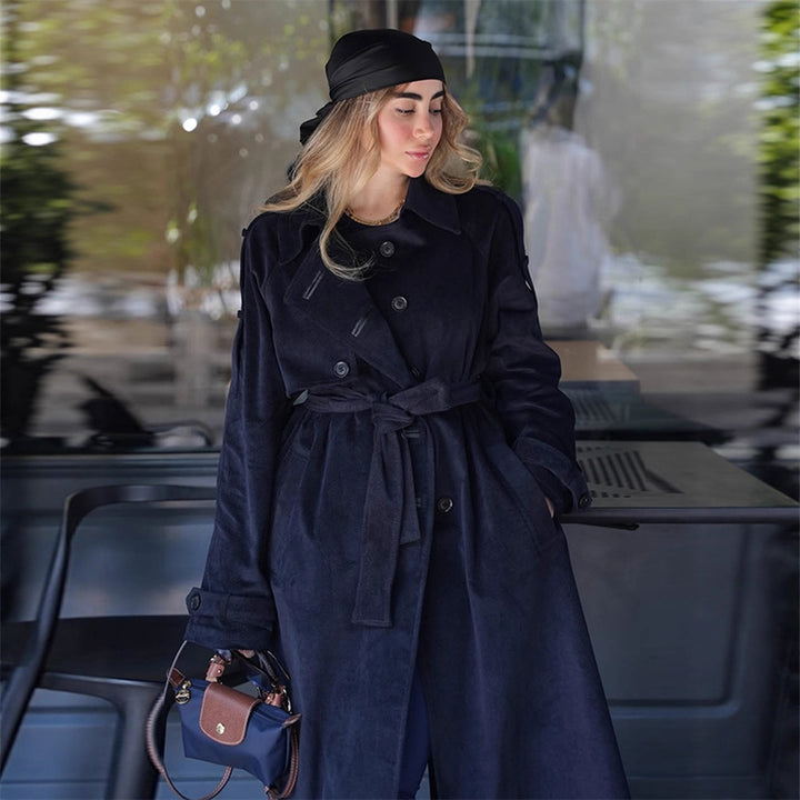 Damen langer Cord-Trenchcoat mit Bindegürtel und Oversize-Schultern Drune