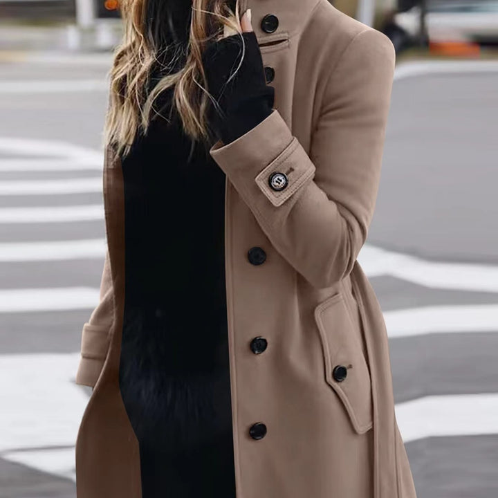 Damen Doppelreihiger Trenchcoat mit hohem Stehkragen, Taillengürtel und Manschetten-Detail Drune
