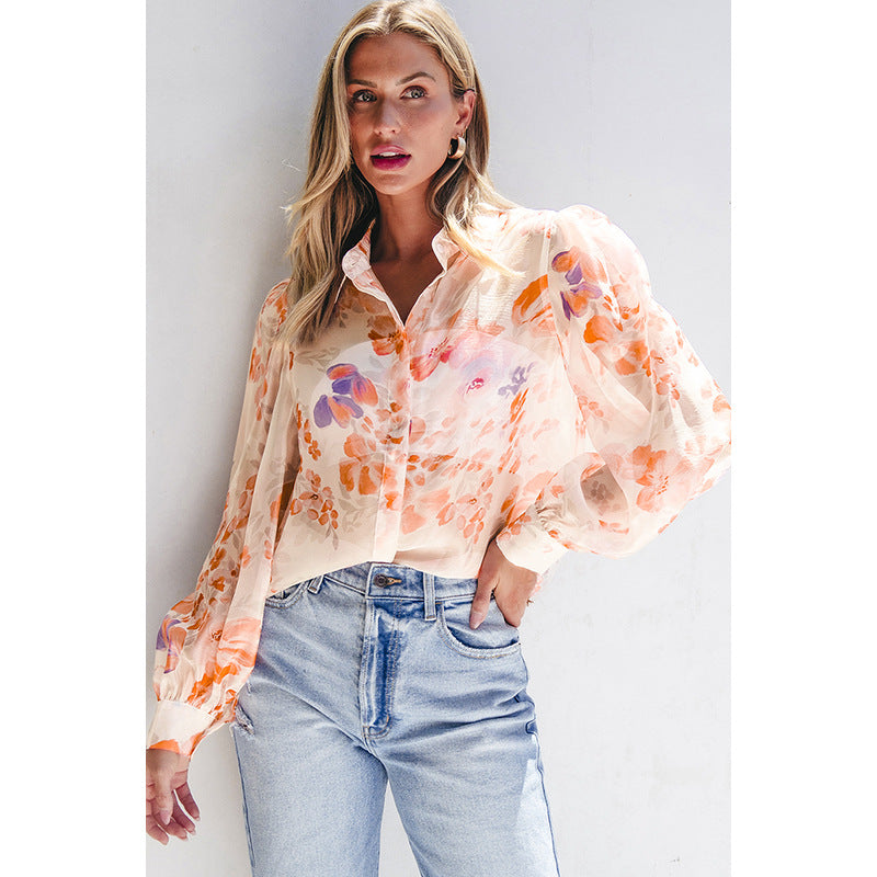 Damen luftiges Blusenshirt mit floralem Design und voluminösen Ärmeln Drune