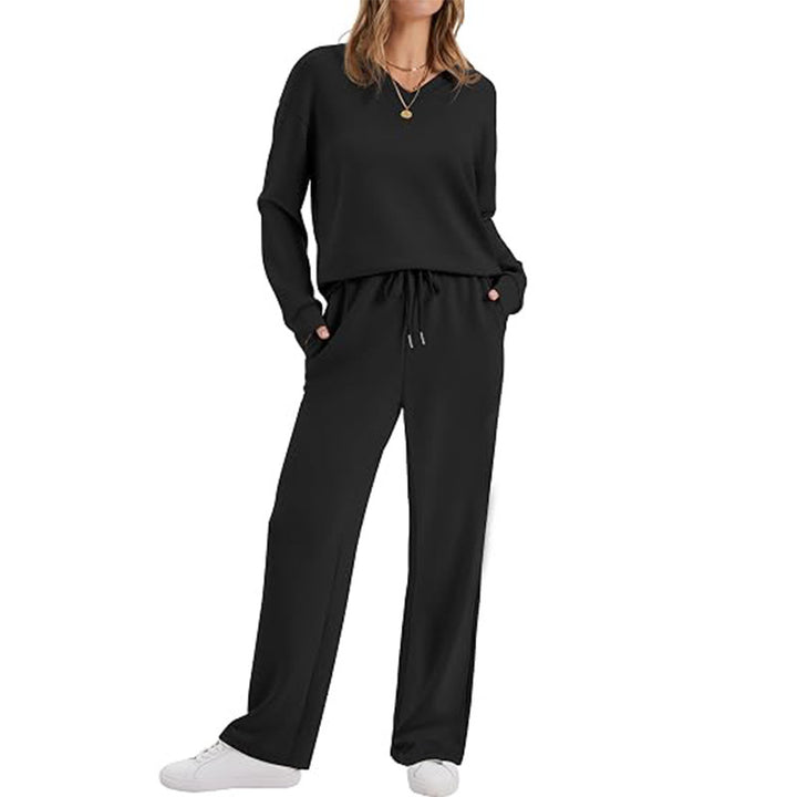 Damen Lässiges Lounge-Set mit V-Ausschnitt-Sweatshirt und weiten Tunnelzug-Hosen Drune