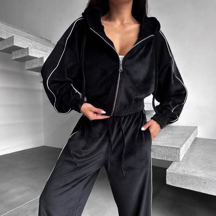 Damen Fleece-Jogginganzug mit Kapuze und kontrastierenden Paspeln