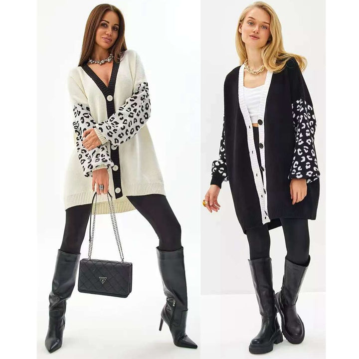 Damen Strickjacke mit modernem Leopardenmuster und tiefem V-Ausschnitt Drune