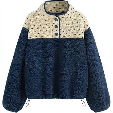 Damen Teddy-Fleece-Pullover mit Stehkragen, Druckknopfverschluss und Kordelzug Drune