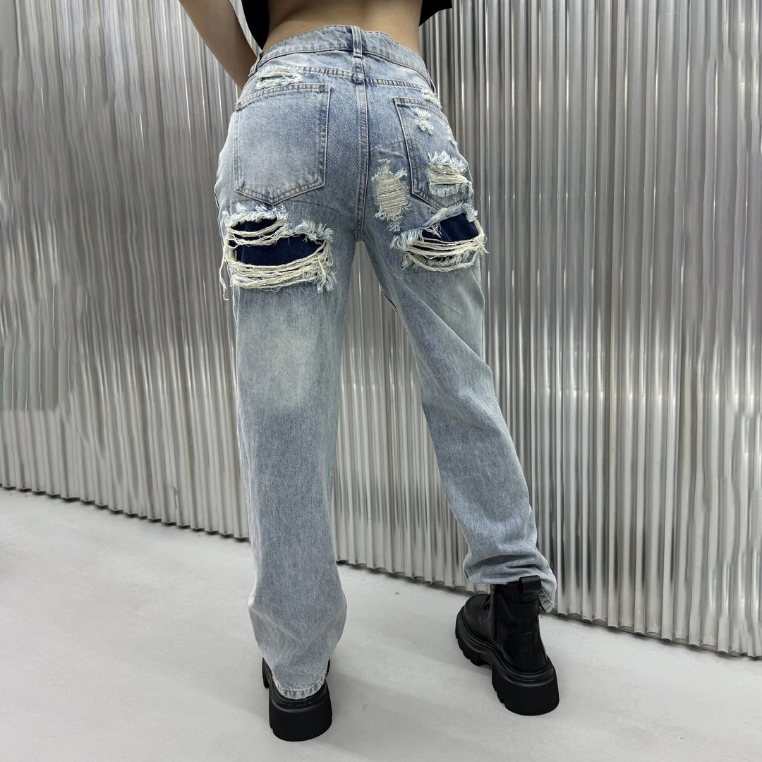 Damen Wide-Leg-Jeans mit Destroyed-Details und hohem Bund Drune