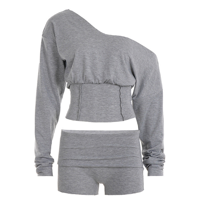 Damen nan asymmetrisches einschulteriges Lounge-Set mit tailliertem gerafftem Crop-Top und hochgeschnittenen Umschlag-Shorts Drune