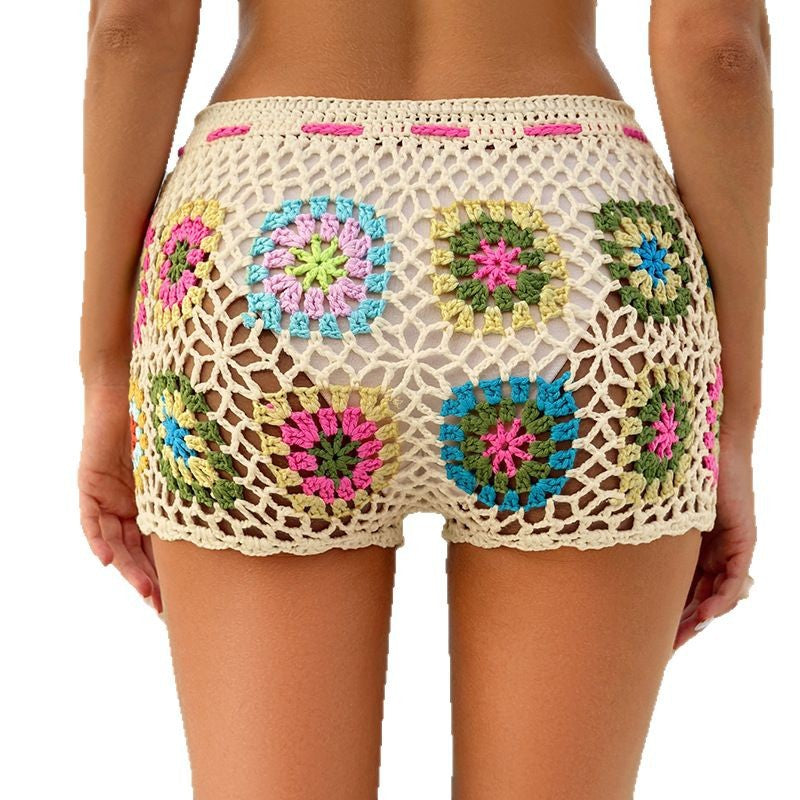 Damen Häkel-Shorts mit buntem Blumenmuster und verstellbarem Bund Drune