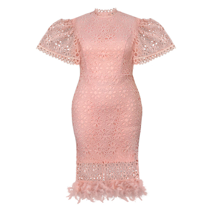 Damen Hochwertiges Spitzenkleid mit voluminösen Puffärmeln und fransigem Saum Drune