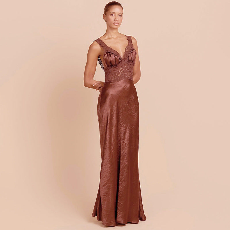 Damen Elegantes Maxikleid mit Spitze und tiefem V-Ausschnitt Drune