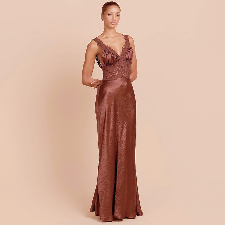 Damen Elegantes Maxikleid mit Spitze und tiefem V-Ausschnitt Drune