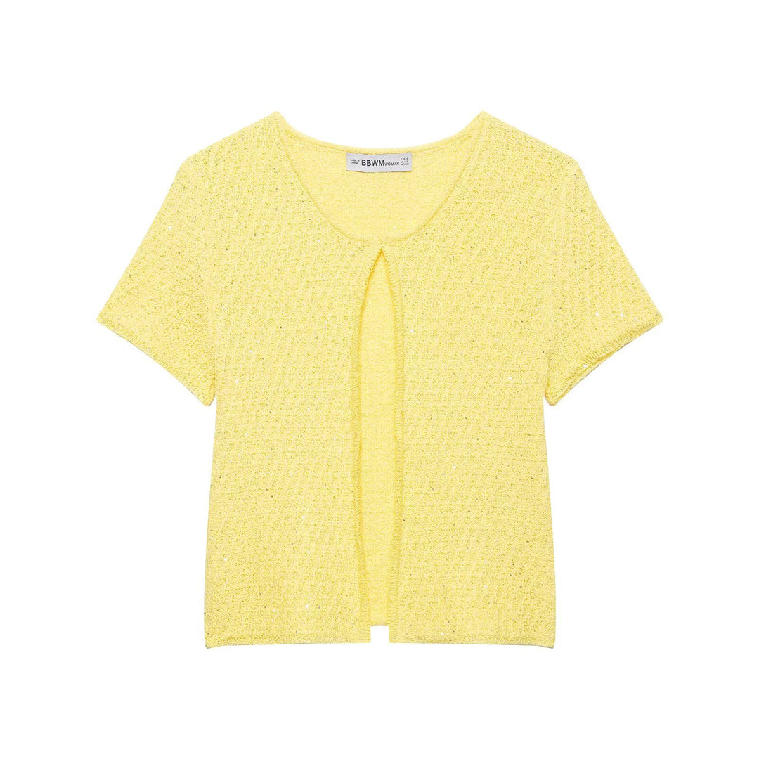Damen Kurzärmelige Bouclé Strickjacke mit offenem Frontschlitz Drune