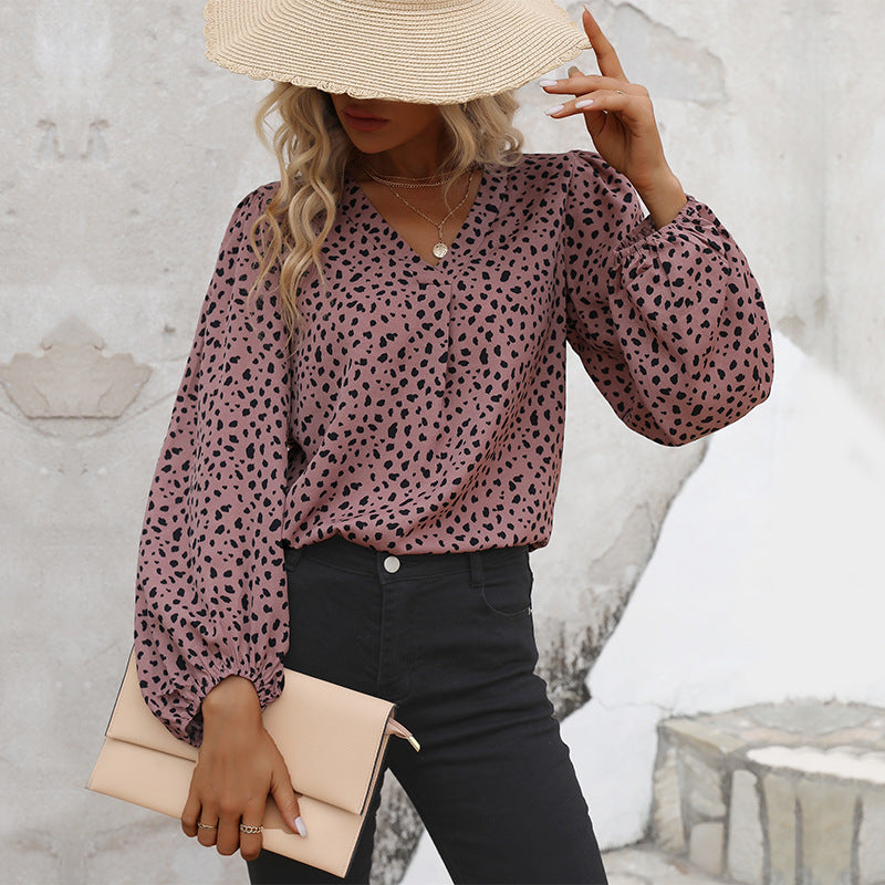 Damen Leichte Viskose-Bluse mit V‑Ausschnitt, elastischen Manschetten und Animal‑Print Drune
