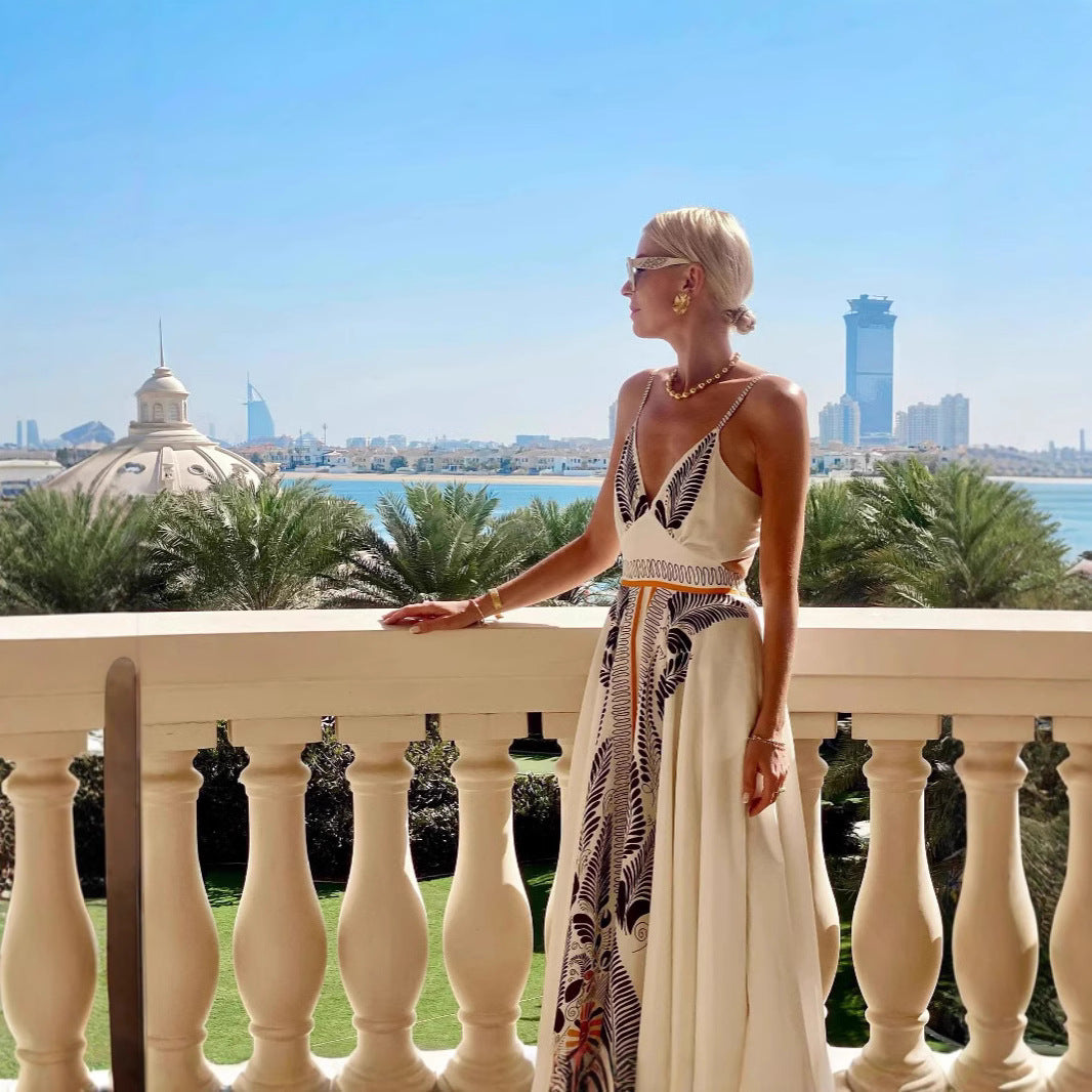 Damen elegantes Sommermaxikleid mit kunstvollem Blattmuster Drune