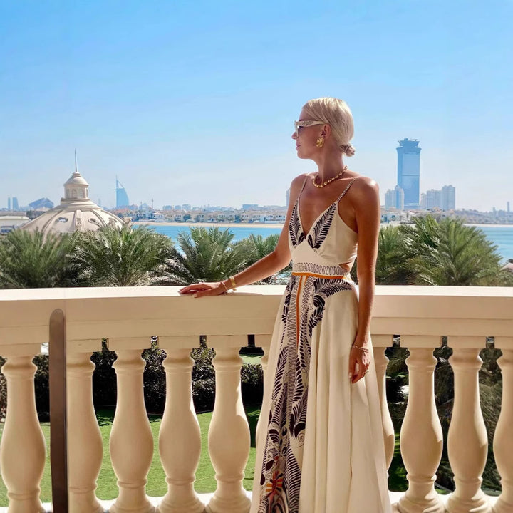 Damen elegantes Sommermaxikleid mit kunstvollem Blattmuster Drune