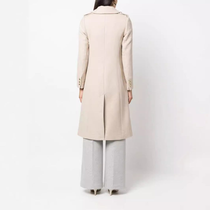 Damen Midilanger Doppelreihiger Tailoring‑Mantel mit taillierter Nahtführung und Zierriegeln Drune
