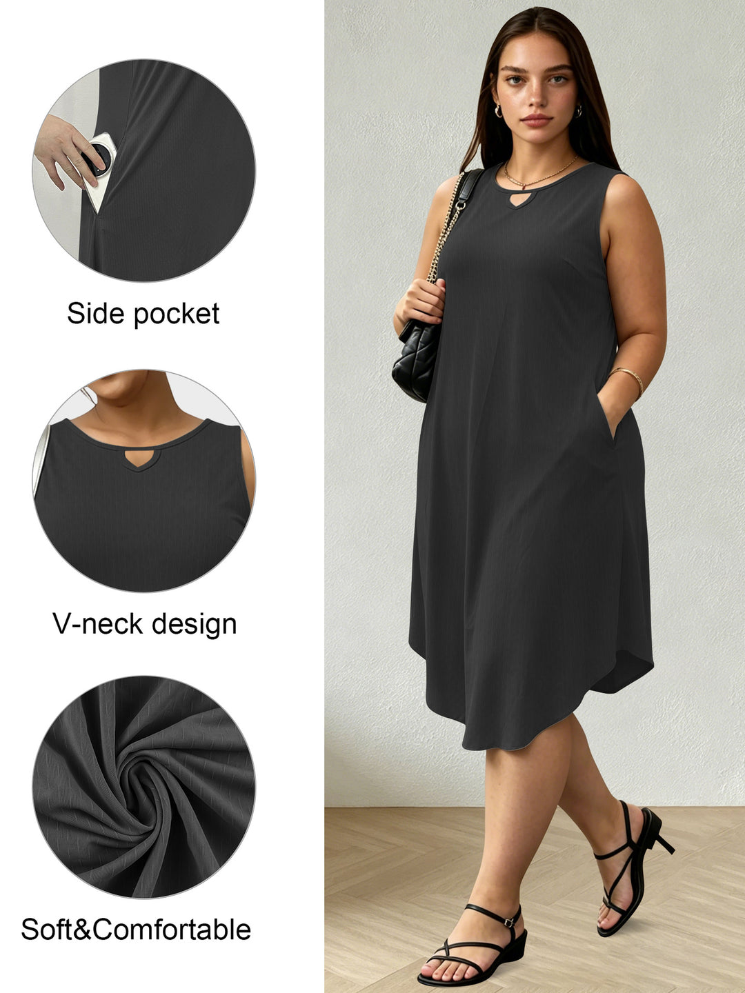 Damen Ärmelloses A-Linien-Midikleid mit seitlichen Eingrifftaschen und V-Ausschnitt Drune