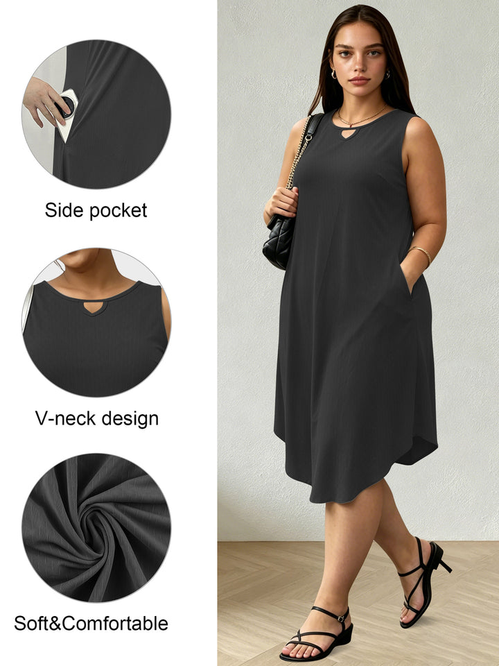 Damen Ärmelloses A-Linien-Midikleid mit seitlichen Eingrifftaschen und V-Ausschnitt Drune
