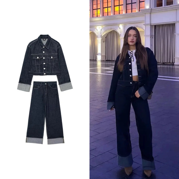 Damen 1700+ Cropped Jeansjacke mit überlangen Umschlagmanschetten und kastiger Silhouette Drune