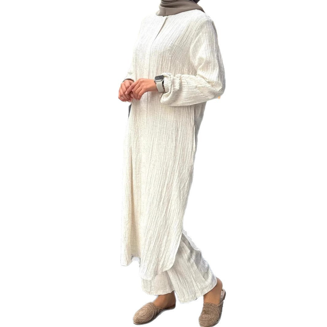 Damen Langes Crinkle-Kaftankleid mit Ballonärmeln und Stehkragenoptik Drune
