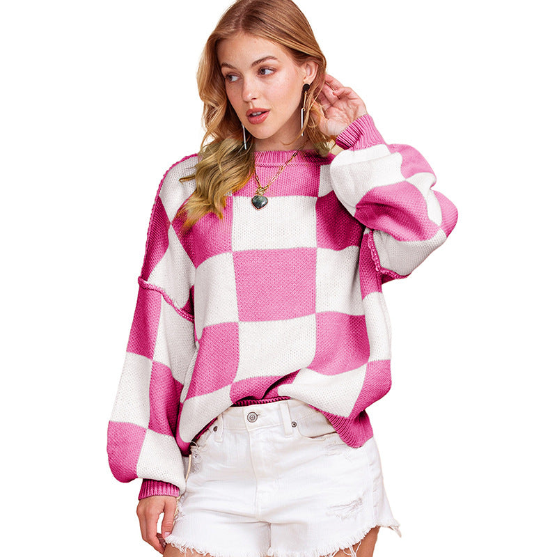 Damen Oversized Pullover mit Karomuster und voluminösen Ärmeln Drune