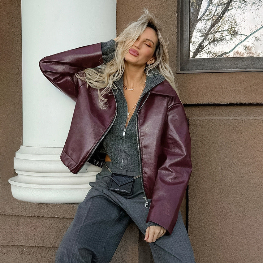 Damen Kunstlederjacke mit weitem Schnitt und feinem Kragen Drune