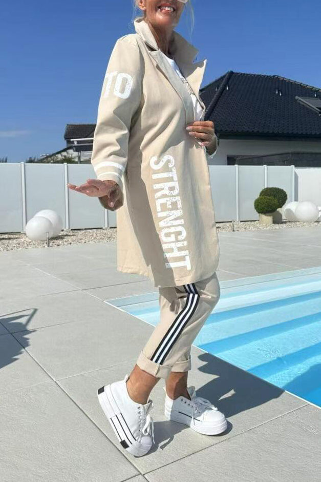 Drune | Length Letter Printed Trenchcoat und Hose Zweiteiler Satz
