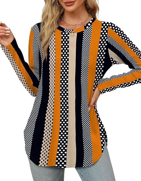 Damen Lässiges Longsleeve-Tunikaoberteil mit Rundhalsausschnitt, Seitenschlitzen und Aquarell-Blattprint Drune