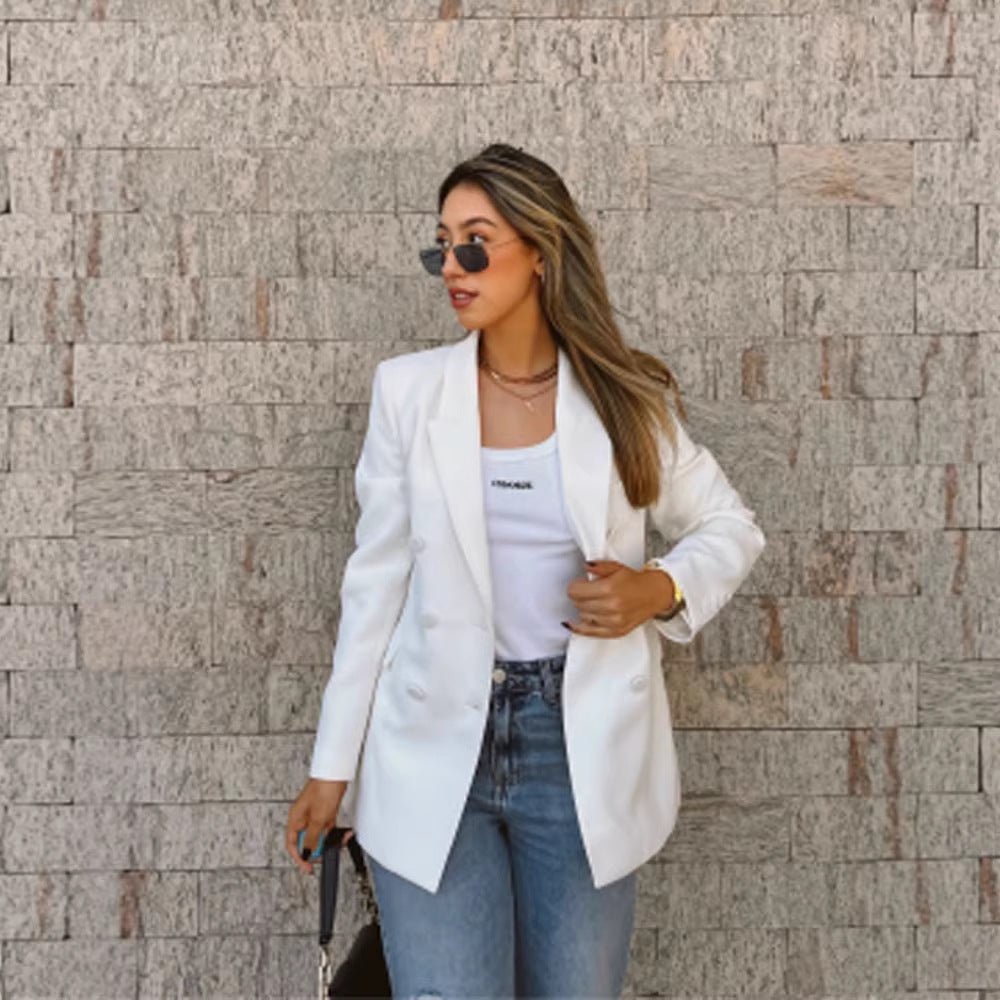 Damen Figurnaher Doppelreihiger Longblazer mit leichtem Schulterpolster und cleanem Revers Drune
