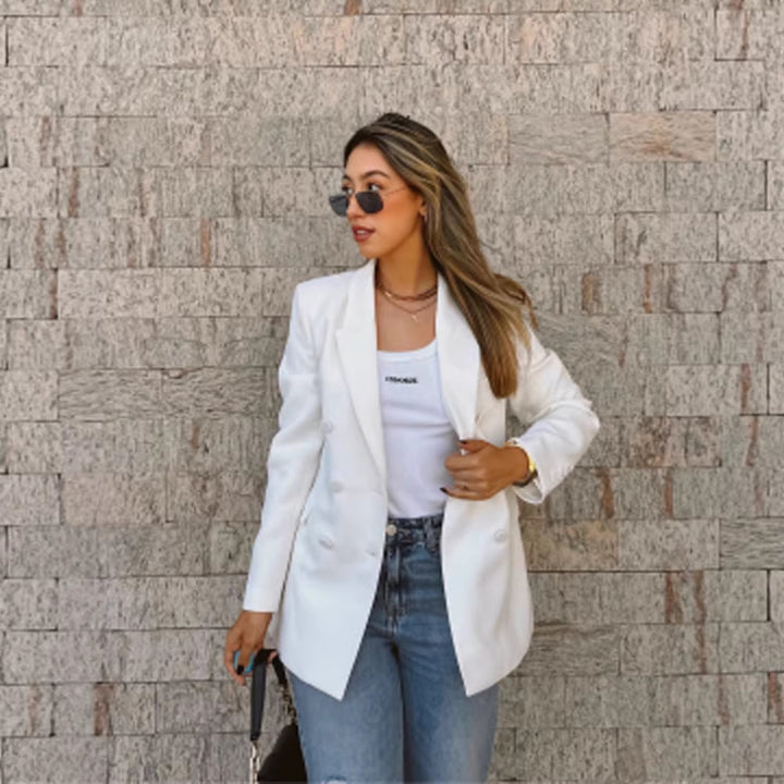 Damen Figurnaher Doppelreihiger Longblazer mit leichtem Schulterpolster und cleanem Revers Drune