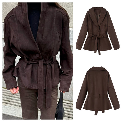 Damen modische Kunstlederjacke mit breitem Kragen und Taillengürtel Drune