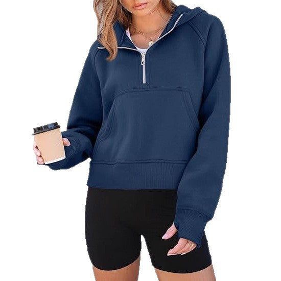 Damen Kurz geschnittener Kapuzenpullover mit Halb-Reißverschluss und Kängurutasche Drune