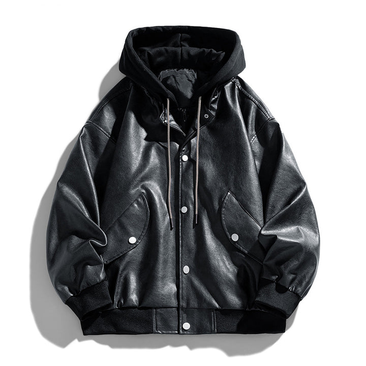 Herren Lässige Kunstleder‑Fliegerjacke im Oversize‑Cut mit kontrastkapuze & Druckknopfblende Drune